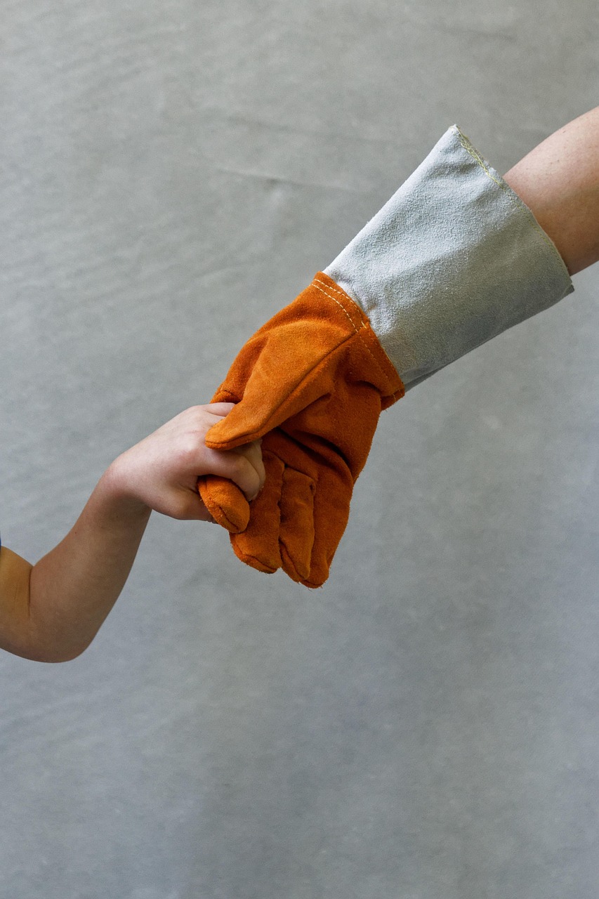 glove, holding hands, kid, hands, protection, hygiene, responsibility, insurance, child, young, closeup
